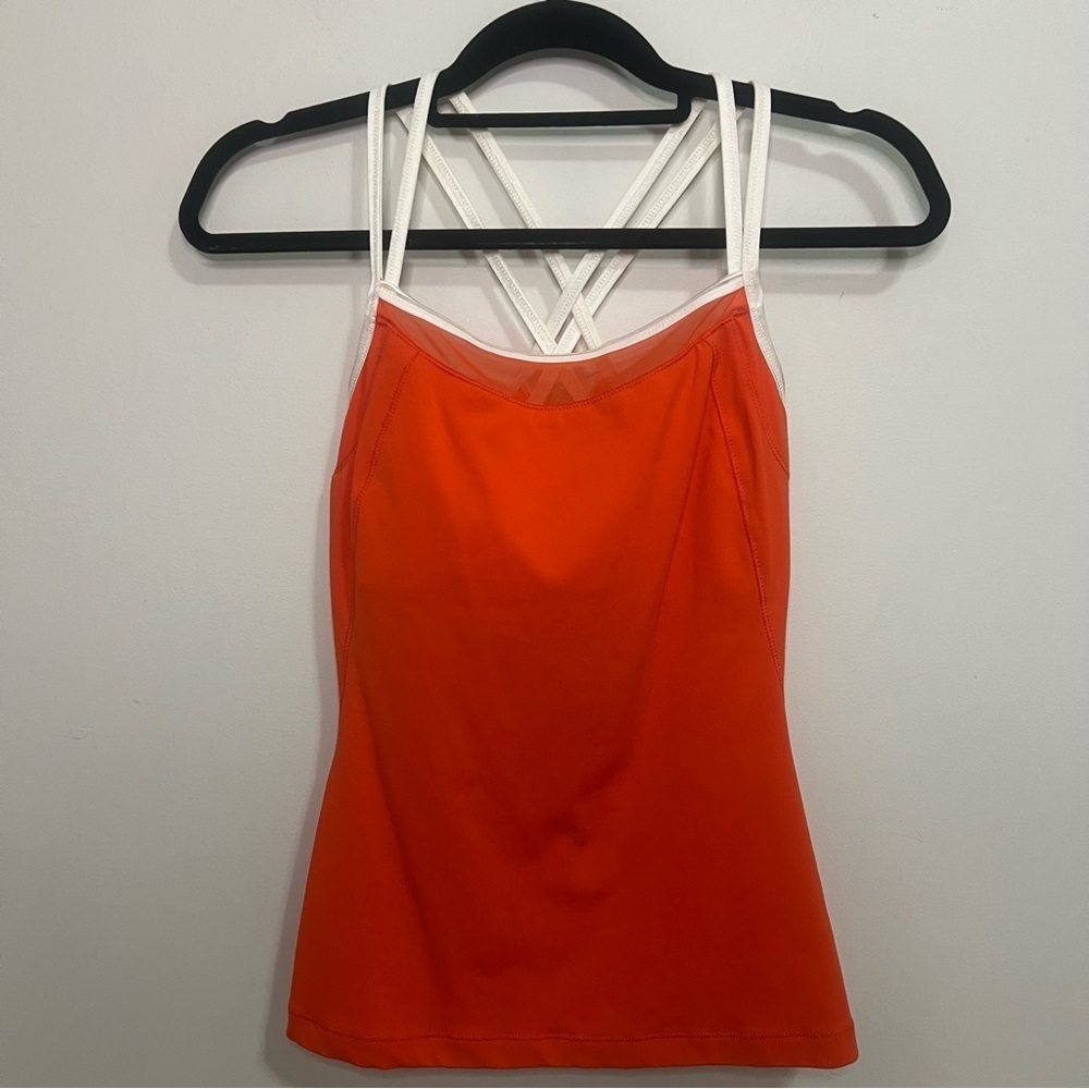 ALO Yoga Orange Workout Tank with White Criss Cross Straps Mesh Workout Athletic